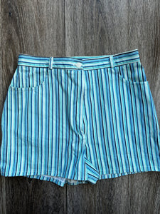 High waisted blue and white sales striped shorts